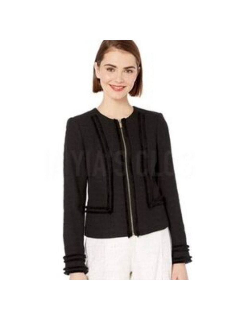 Women's Karl Lagerfeld Paris Black Tweed Zip-Front Jacket Gold-tone Zippers L/XL